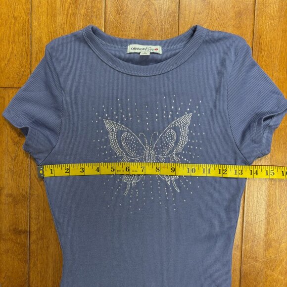 VTG Orange Kiss‎ Womens Y2K Ribbed Shirt Size M Butterfly Rhinestones Bling - Picture 9 of 9